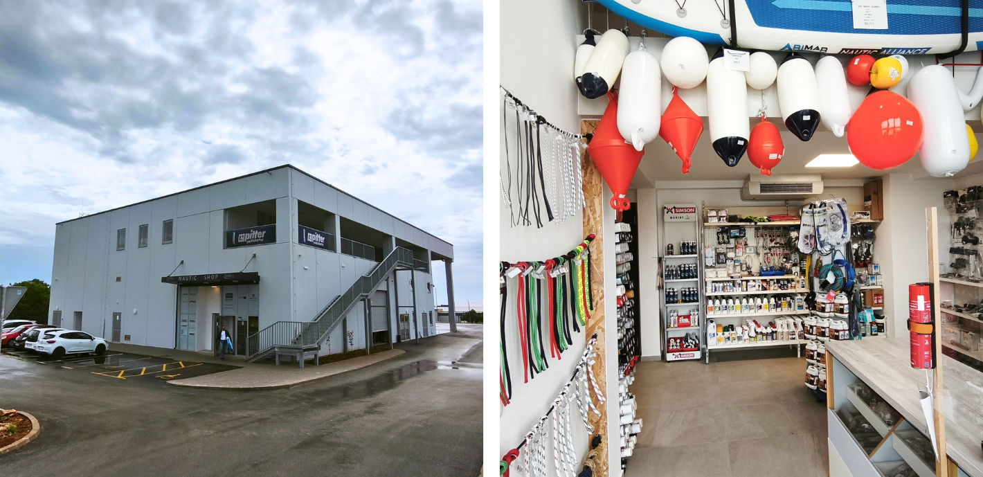 Vanjski i unutarnji prikaz Nautic Bodul Shopa u Biogradu na Moru.